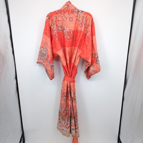 Bassetti Italian Cotton Kimono Robe L/XL Orange Paisley Boho Lounge Rare Print - Picture 3 of 8